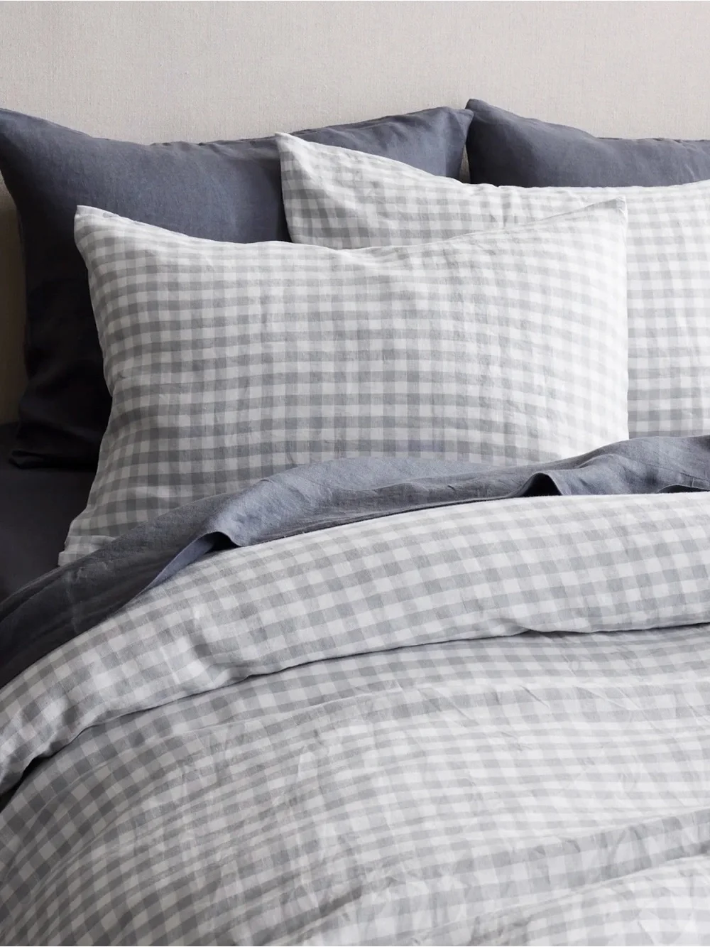 Quince European Linen Duvet Cover Set in Blue Fog Gingham Queen Size 1338